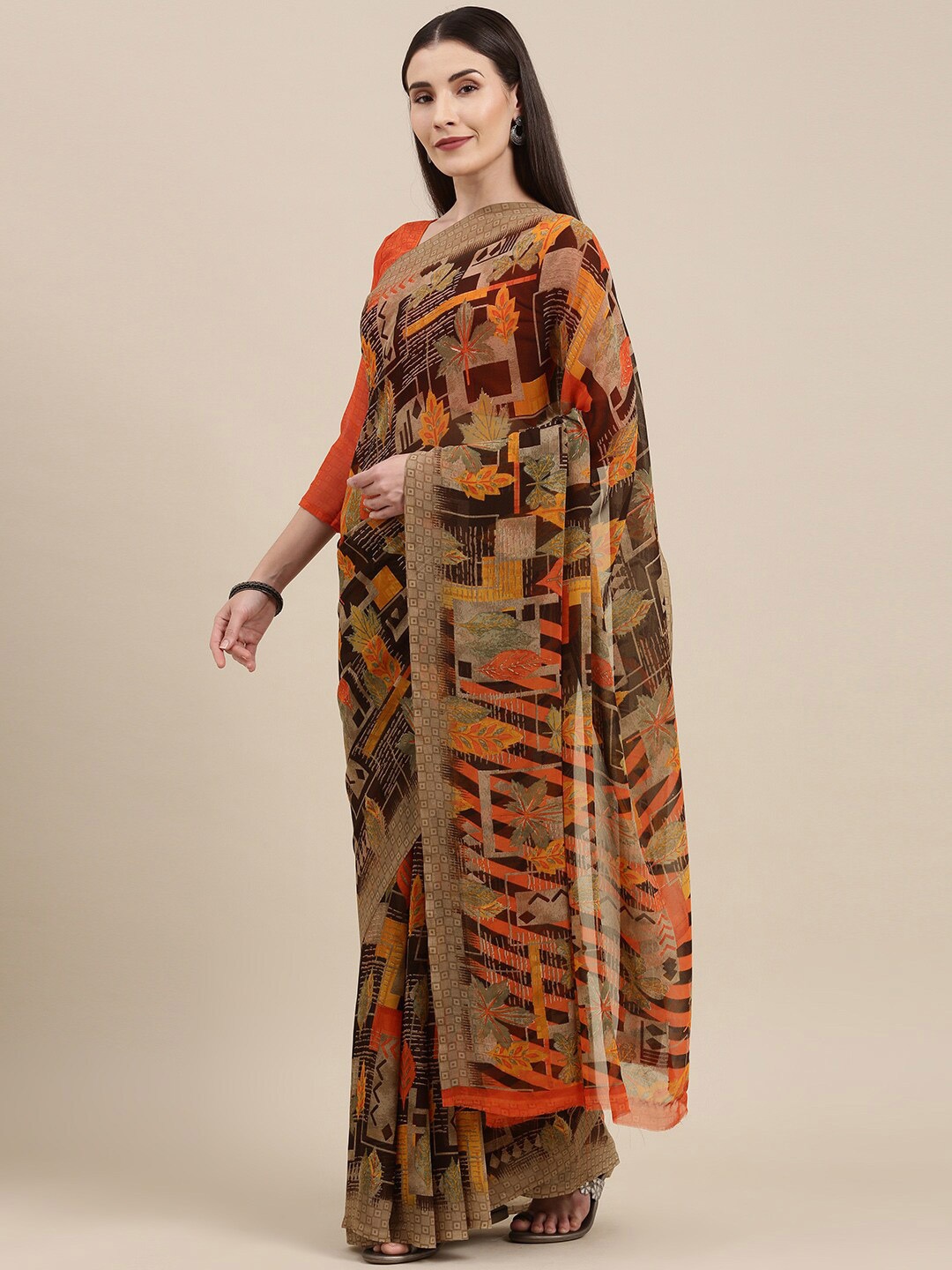 

KALINI Floral Printed Georgette Saree, Brown
