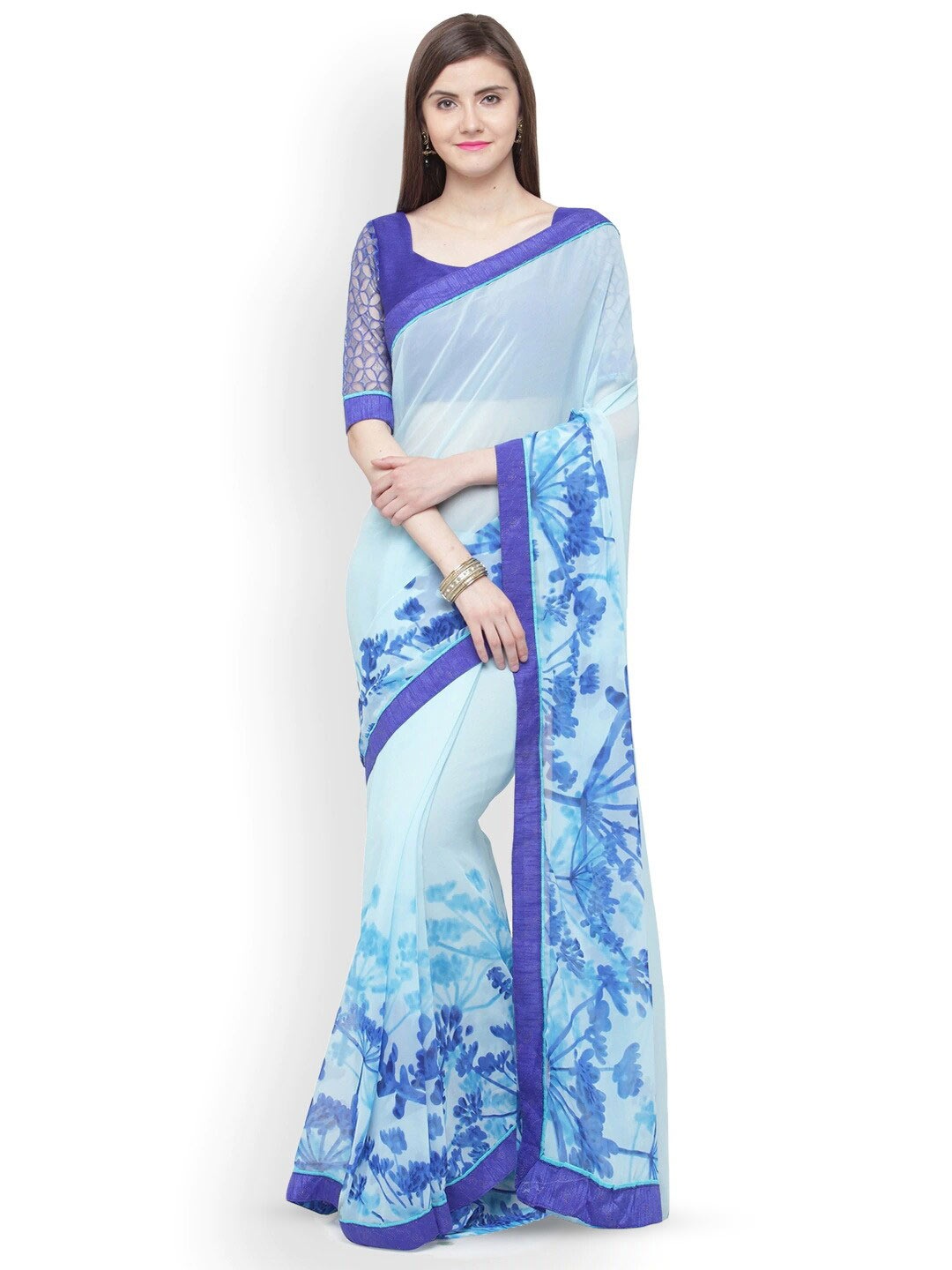 KALINI Floral Printed Georgette Saree, Turquoise blue