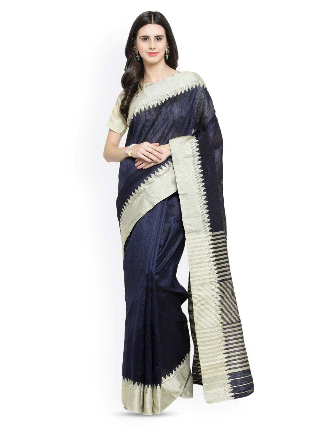 

KALINI Solid Zari Saree, Navy blue