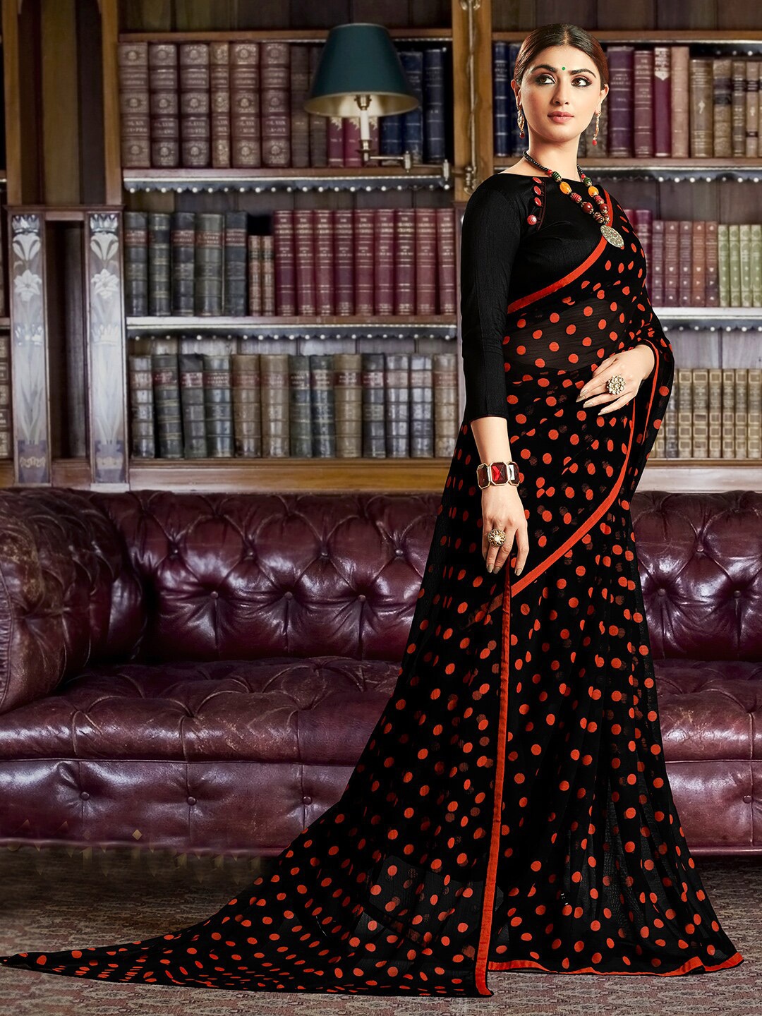 

KALINI Polka Dot Brasso Saree, Black