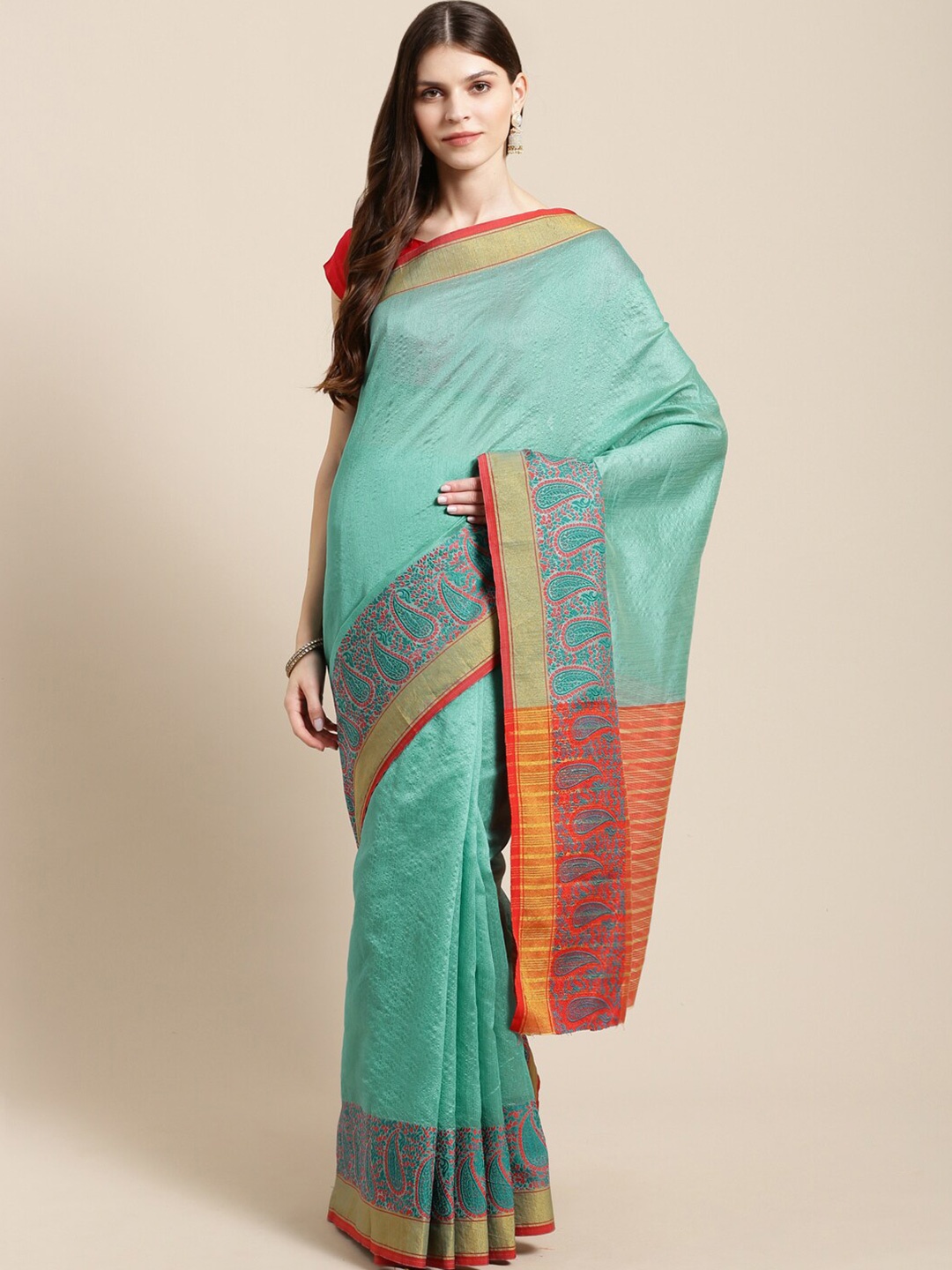 

KALINI Ethnic Motifs Woven Design Zari Kanjeevaram Saree, Green
