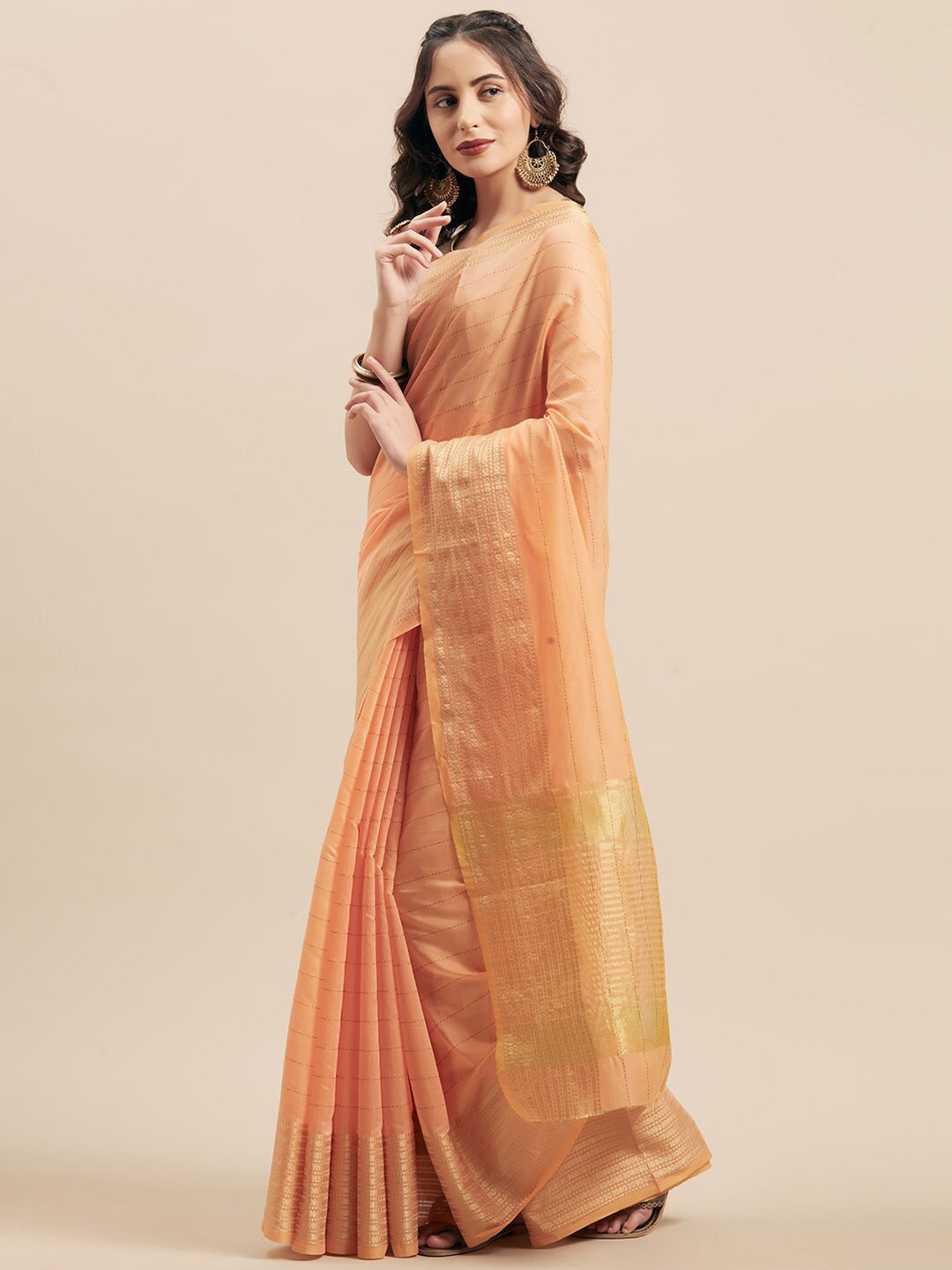

KALINI Striped Woven Design Zari Silk Cotton Saree, Peach