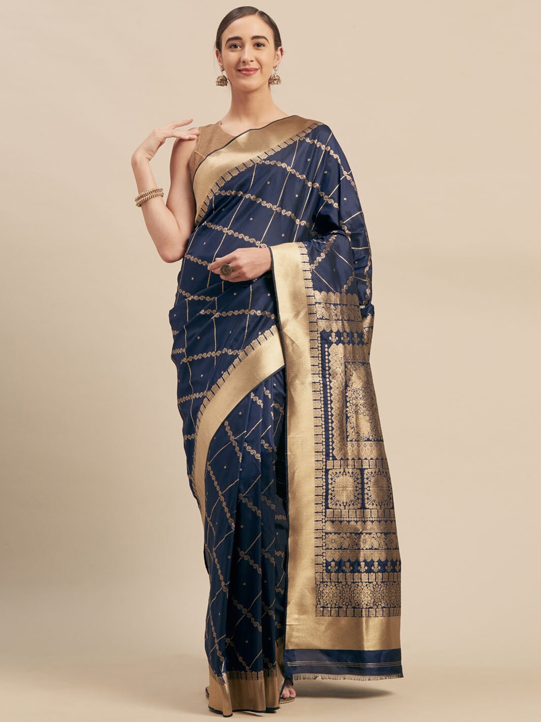 

KALINI Ethnic Motifs Woven Design Zari Saree, Navy blue