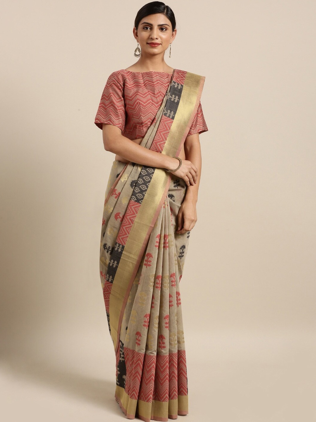 

KALINI Ethnic Motifs Printed Zari Silk Cotton Saree, Beige