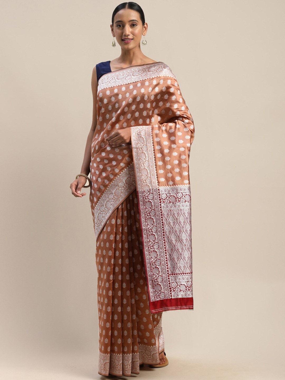 

KALINI Ethnic Motifs Zari Silk Blend Saree, Copper