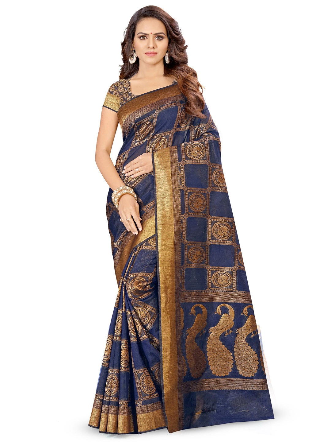 

KALINI Woven Design Ethnic Motifs Zari Silk Kanjeevaram Saree, Navy blue