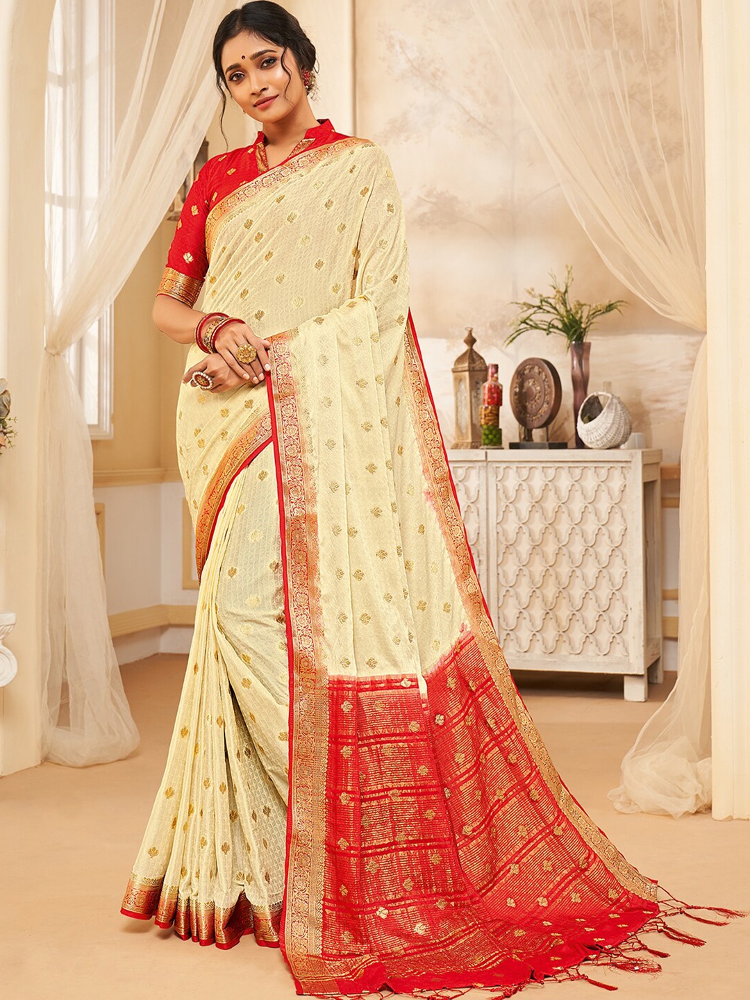 

KALINI Ethnic Woven Design Zari Saree, Peach