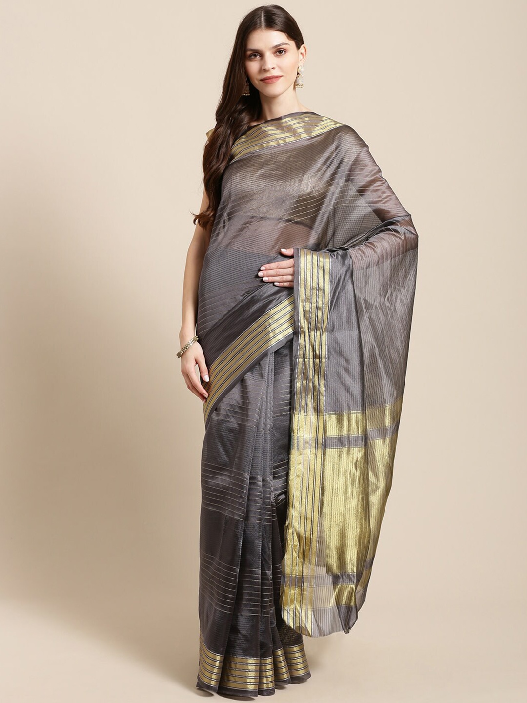 

KALINI Striped Woven Design Zari Silk Saree, Grey
