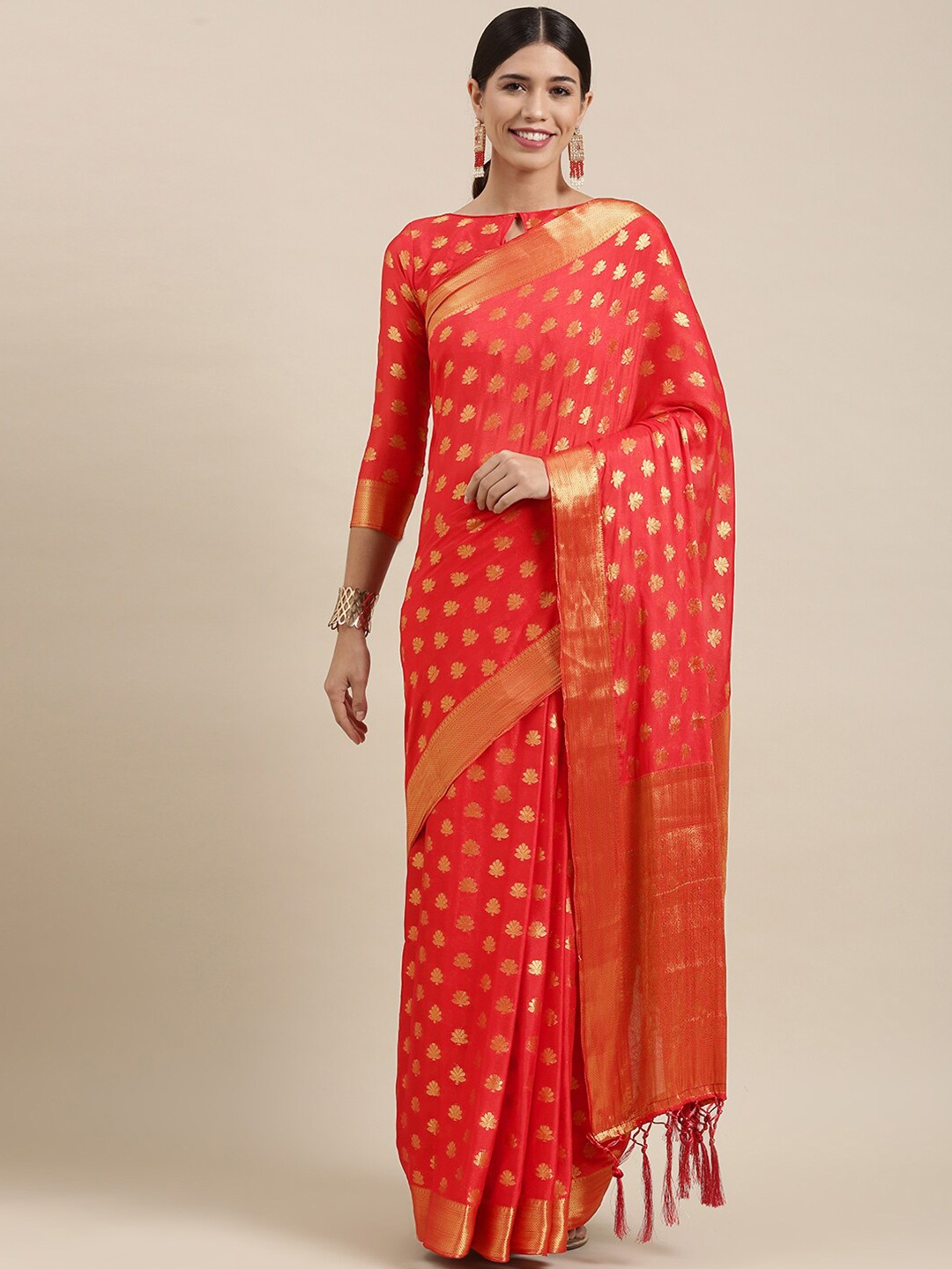 

KALINI Woven Design Zari Silk Blend Saree, Red