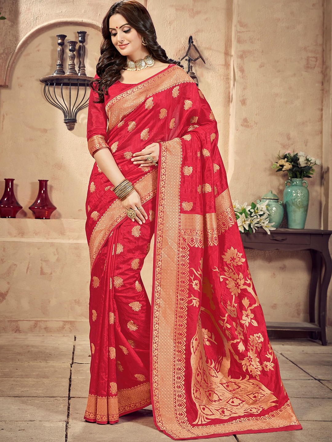 

KALINI Ethnic Motifs Woven Design Zari Saree, Red