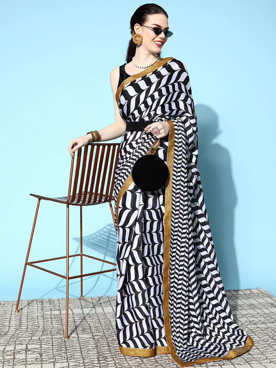 

KALINI Geometric Printed Satin Saree, Black