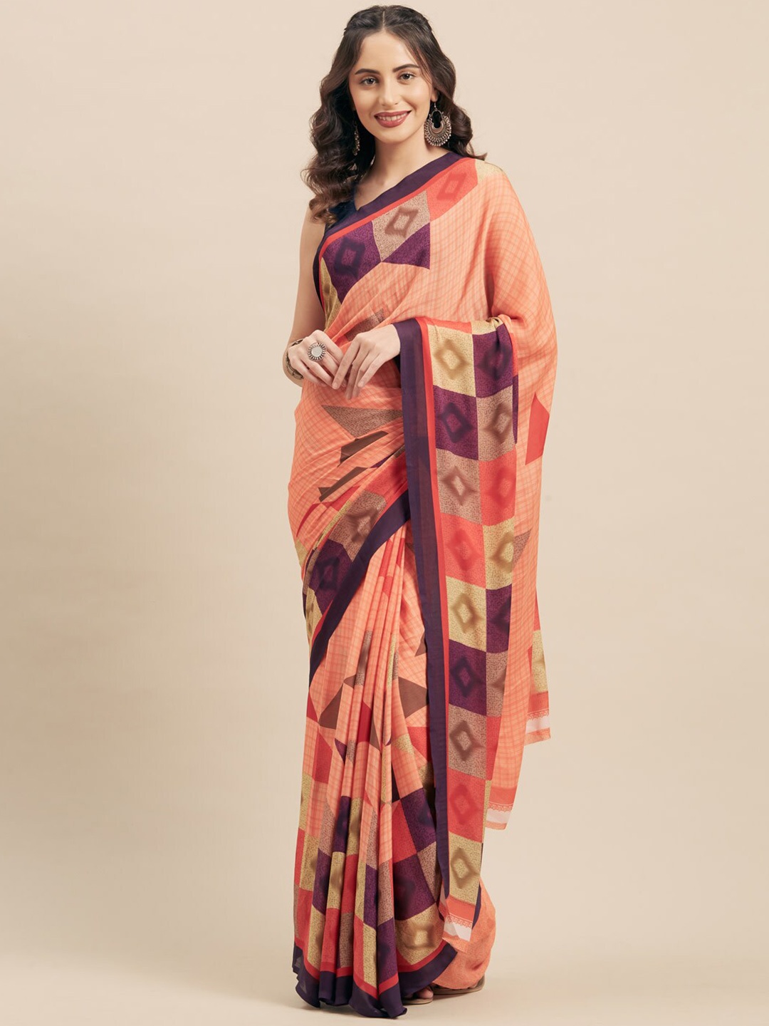 

KALINI Abstract Printed Georgette Saree, Peach
