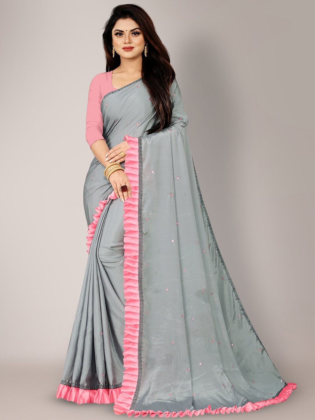 

KALINI Embellished Mirror Work Pure Chiffon Saree, Grey