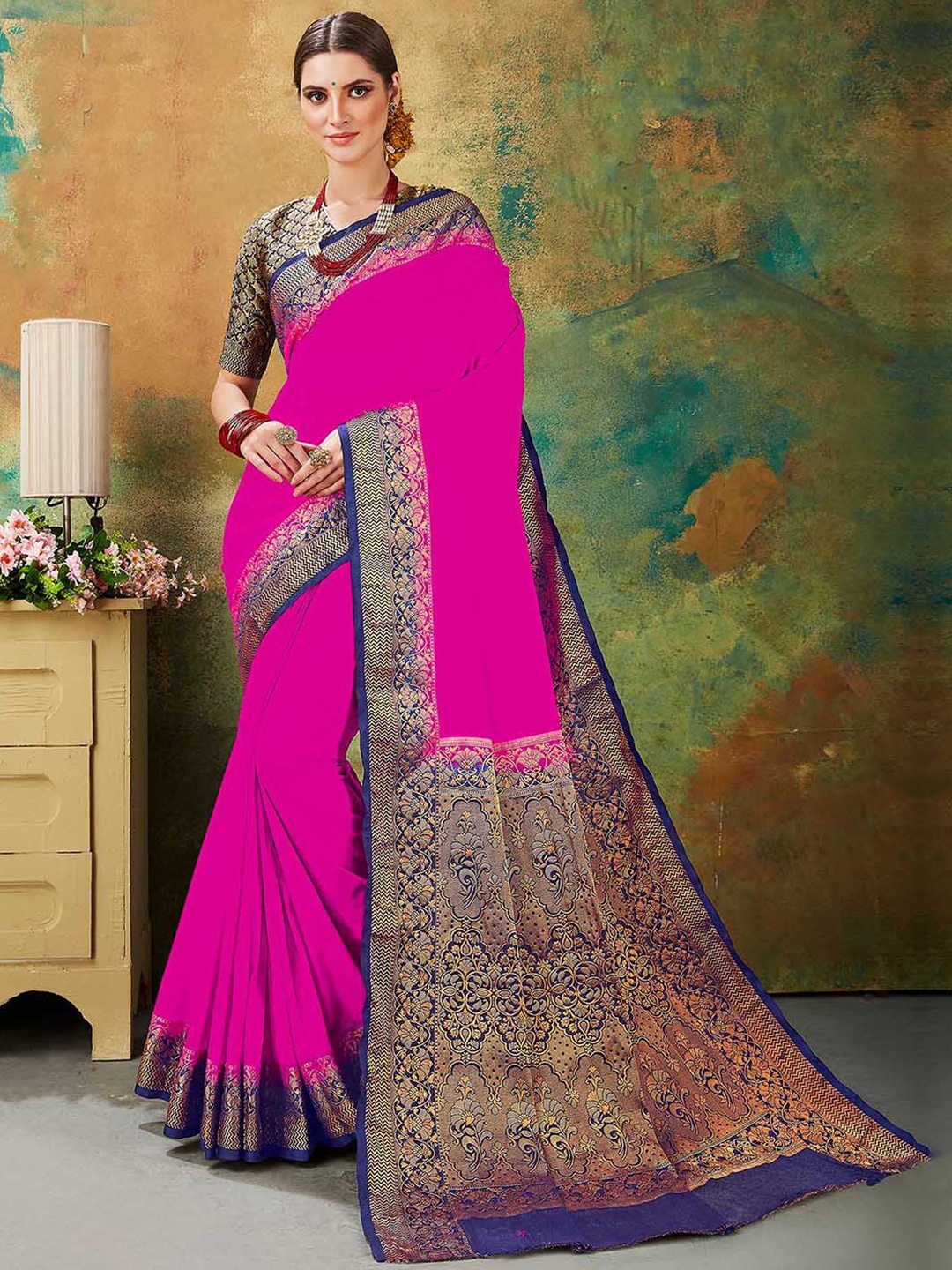 

KALINI Zari Silk Blend Saree, Pink