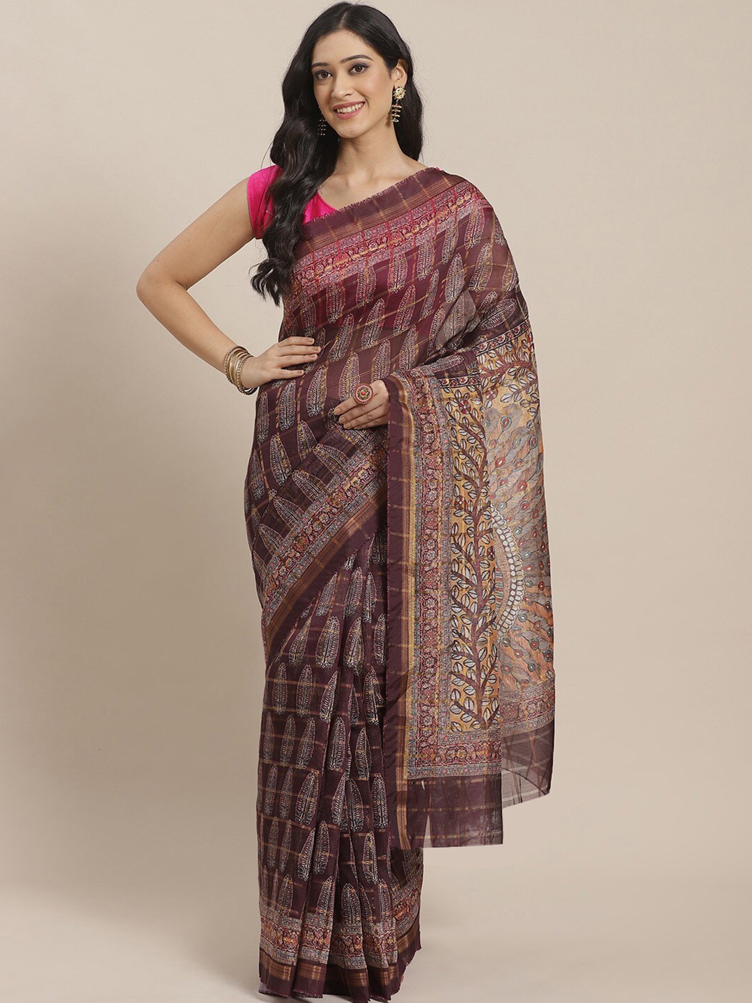 

KALINI Ethnic Motifs Printed Zari Saree, Burgundy