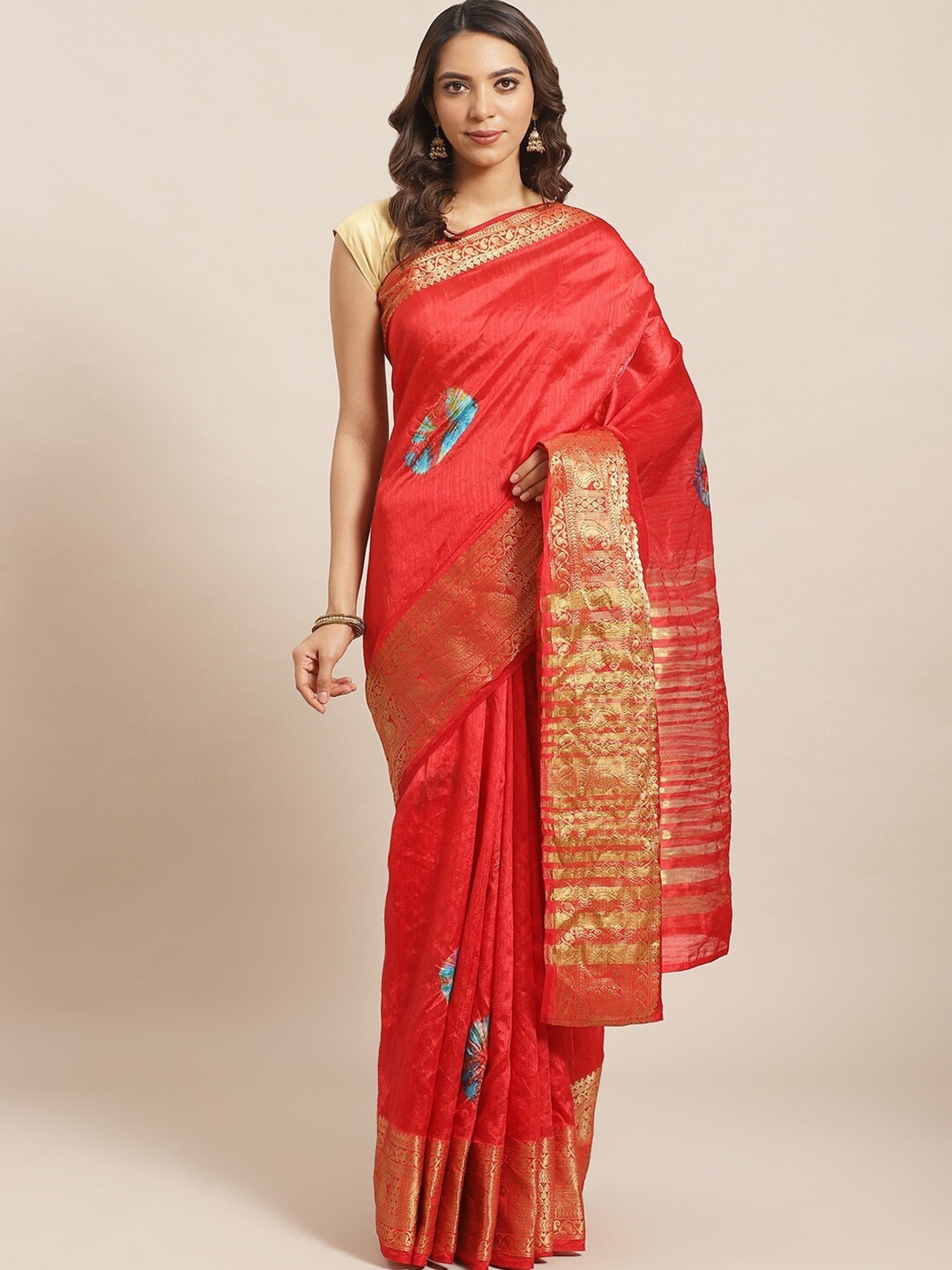 

KALINI Tie & Dye Printd Zari Saree, Red