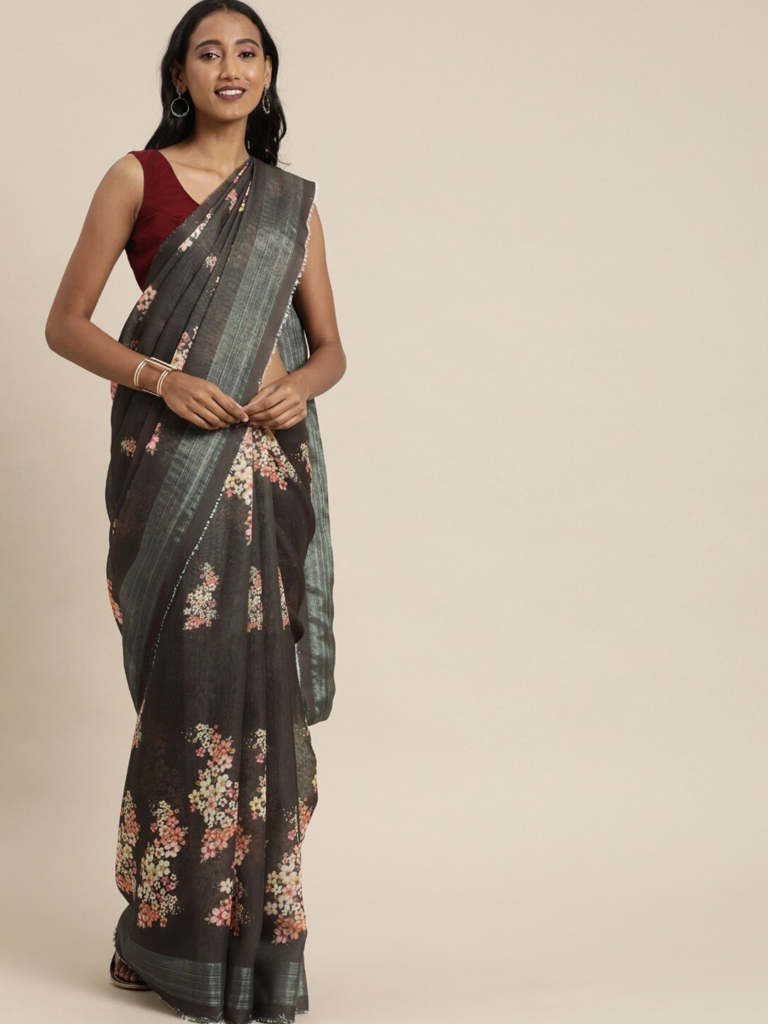 

KALINI Floral Printed Zari Saree, Brown