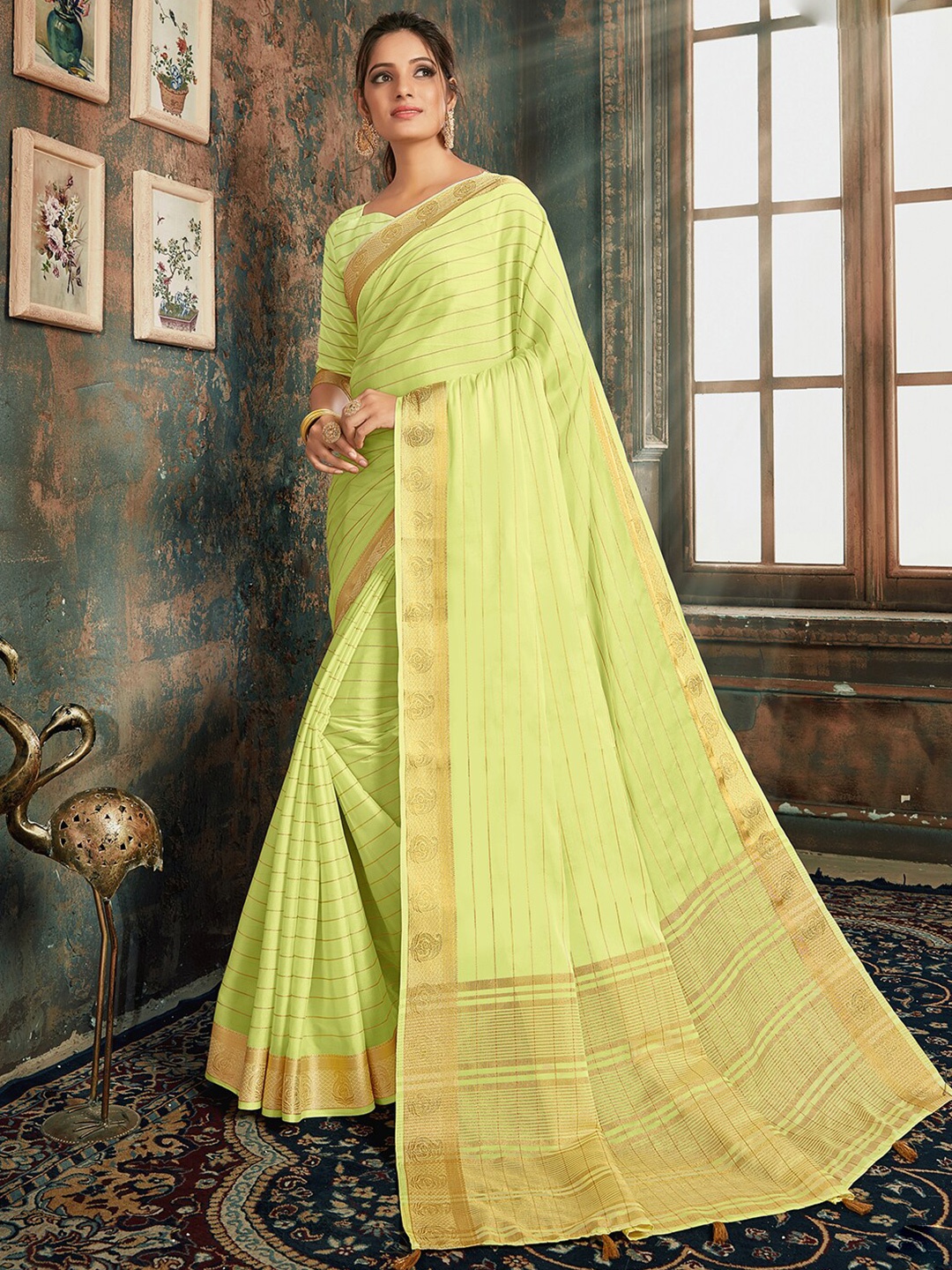 

KALINI Striped Zari Saree, Green