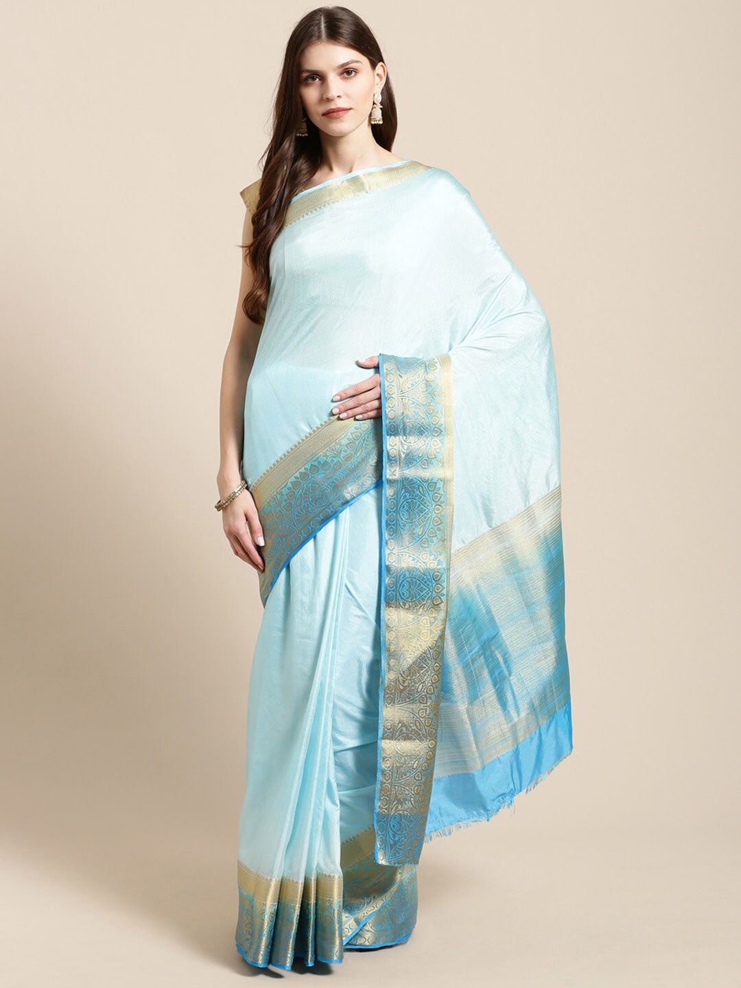 

KALINI Zari Border Saree, Turquoise blue