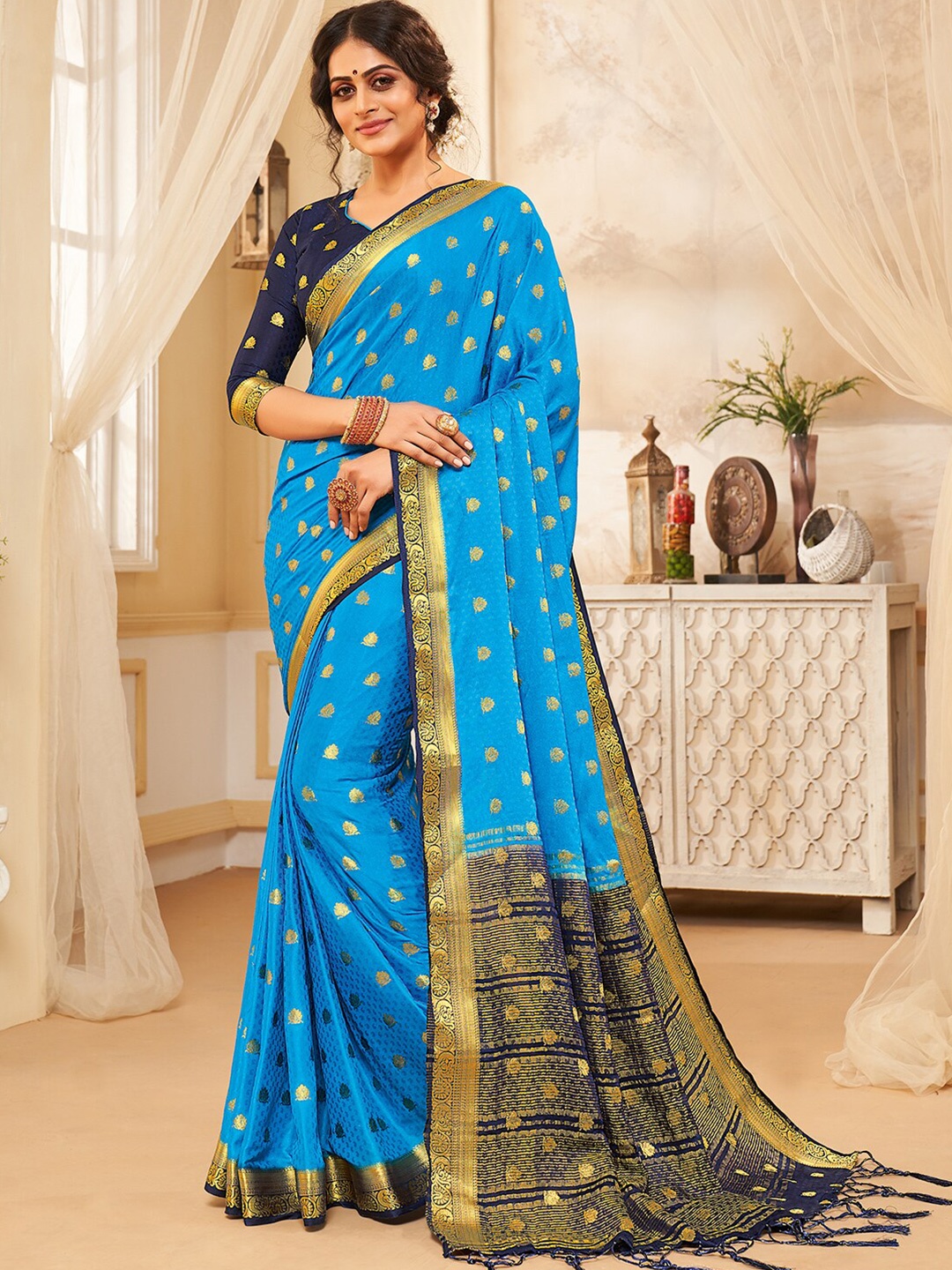 

KALINI Ethnic Motifs Woven Design Zari Art Silk Saree, Blue