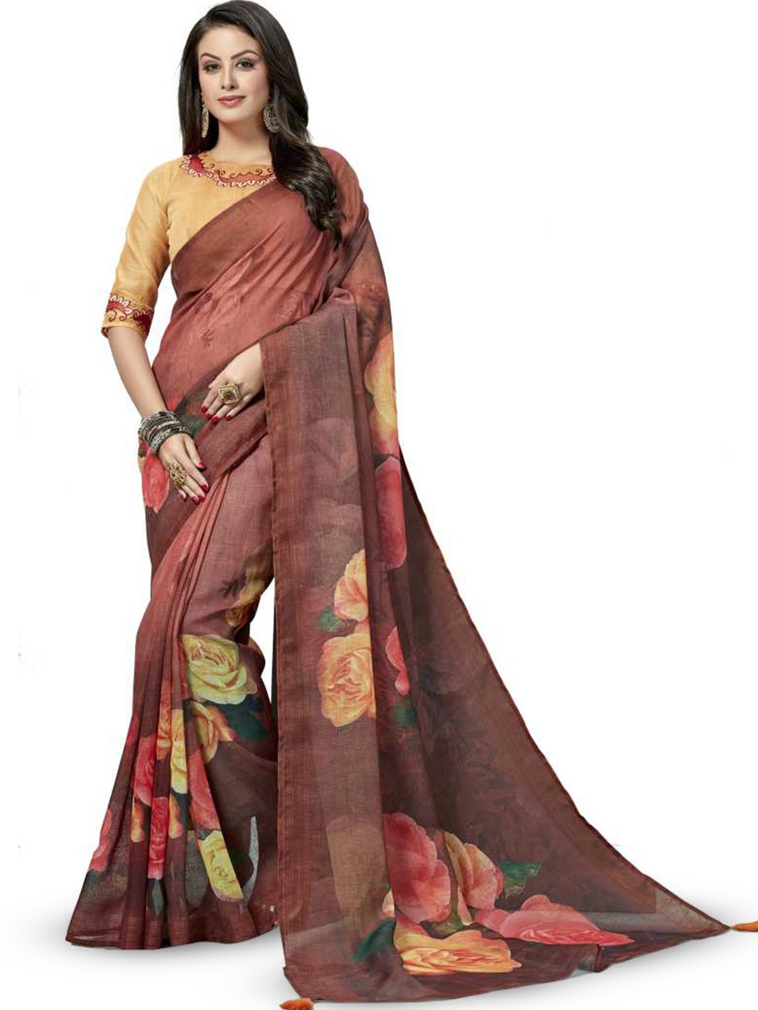 

KALINI Floral Printed Saree, Brown