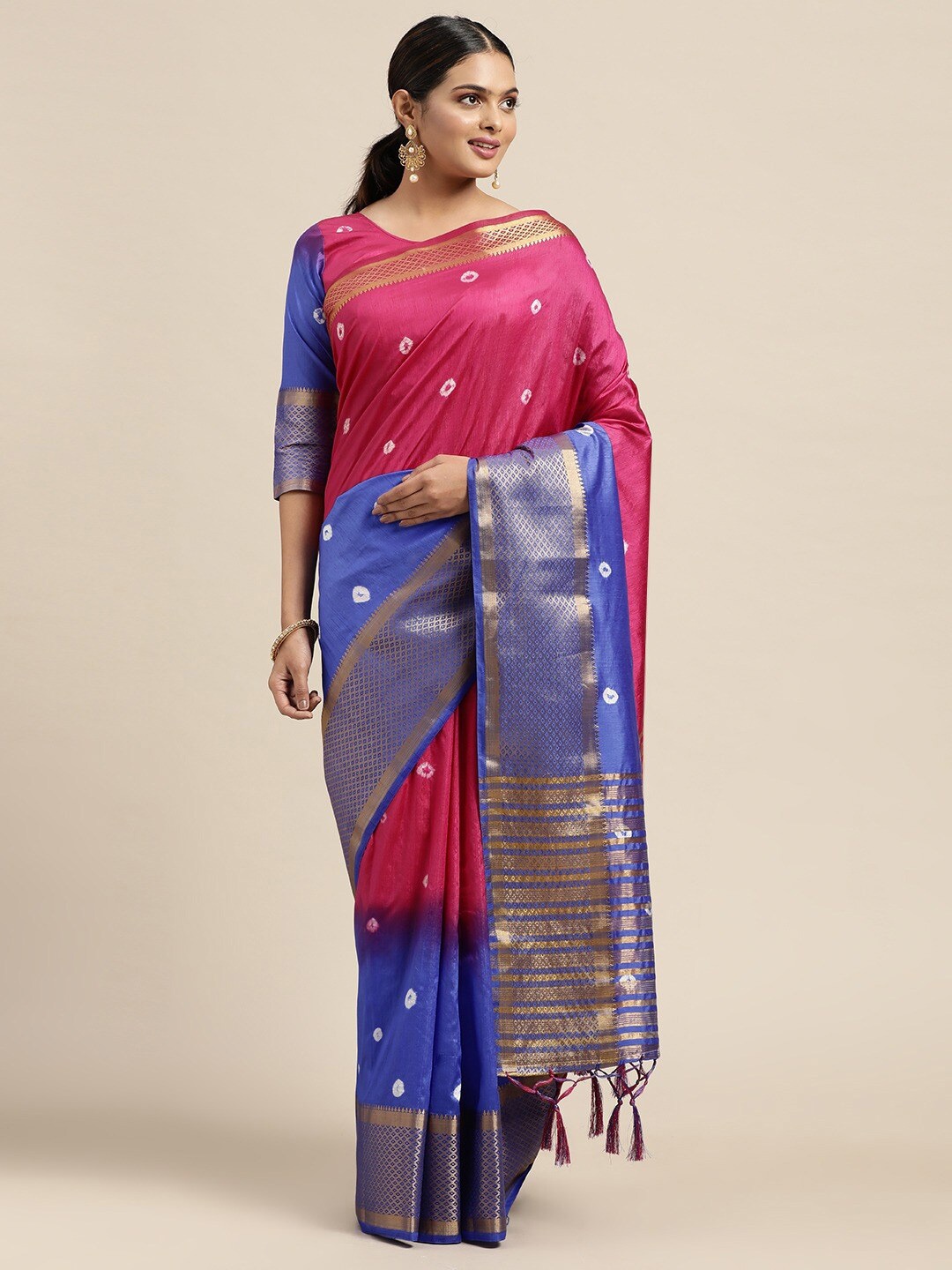 

KALINI Bandhani Zari Art Silk Saree, Pink