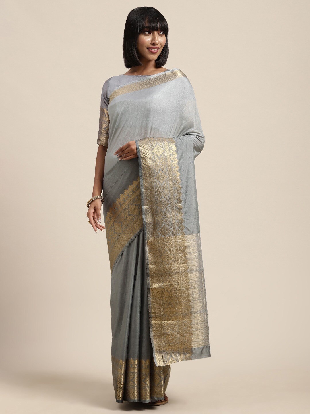 

KALINI Zari Border Saree, Grey