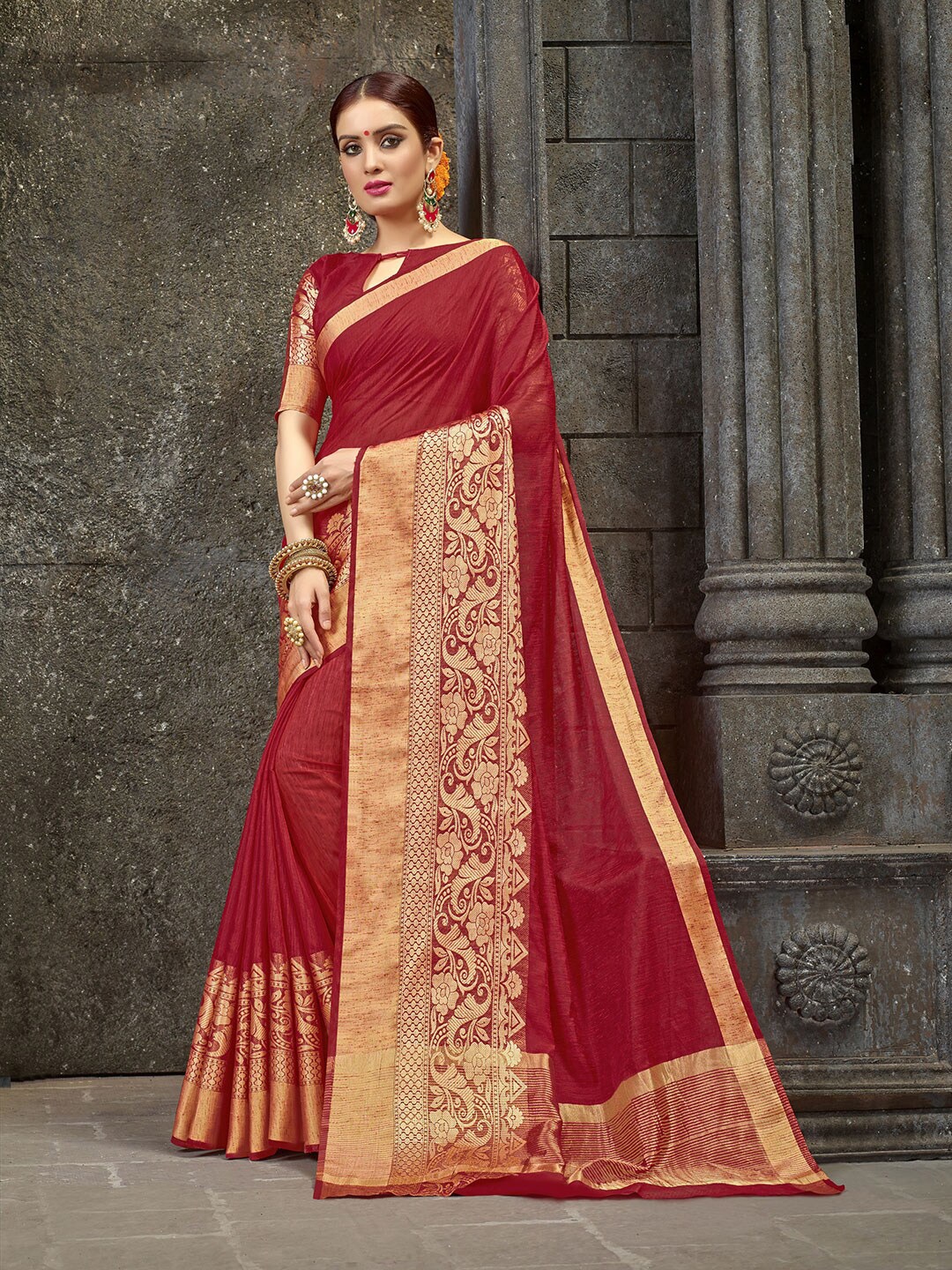 

KALINI Zari Pure Linen Saree, Maroon