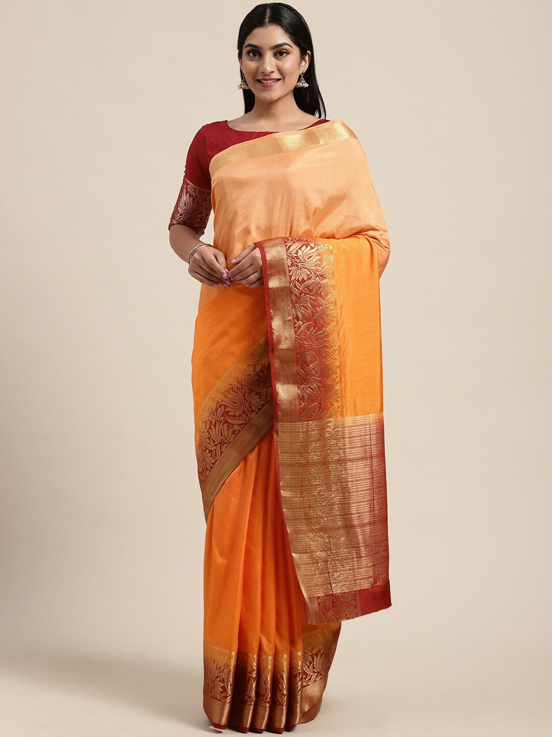 

KALINI Colourblocked Zari Saree, Red
