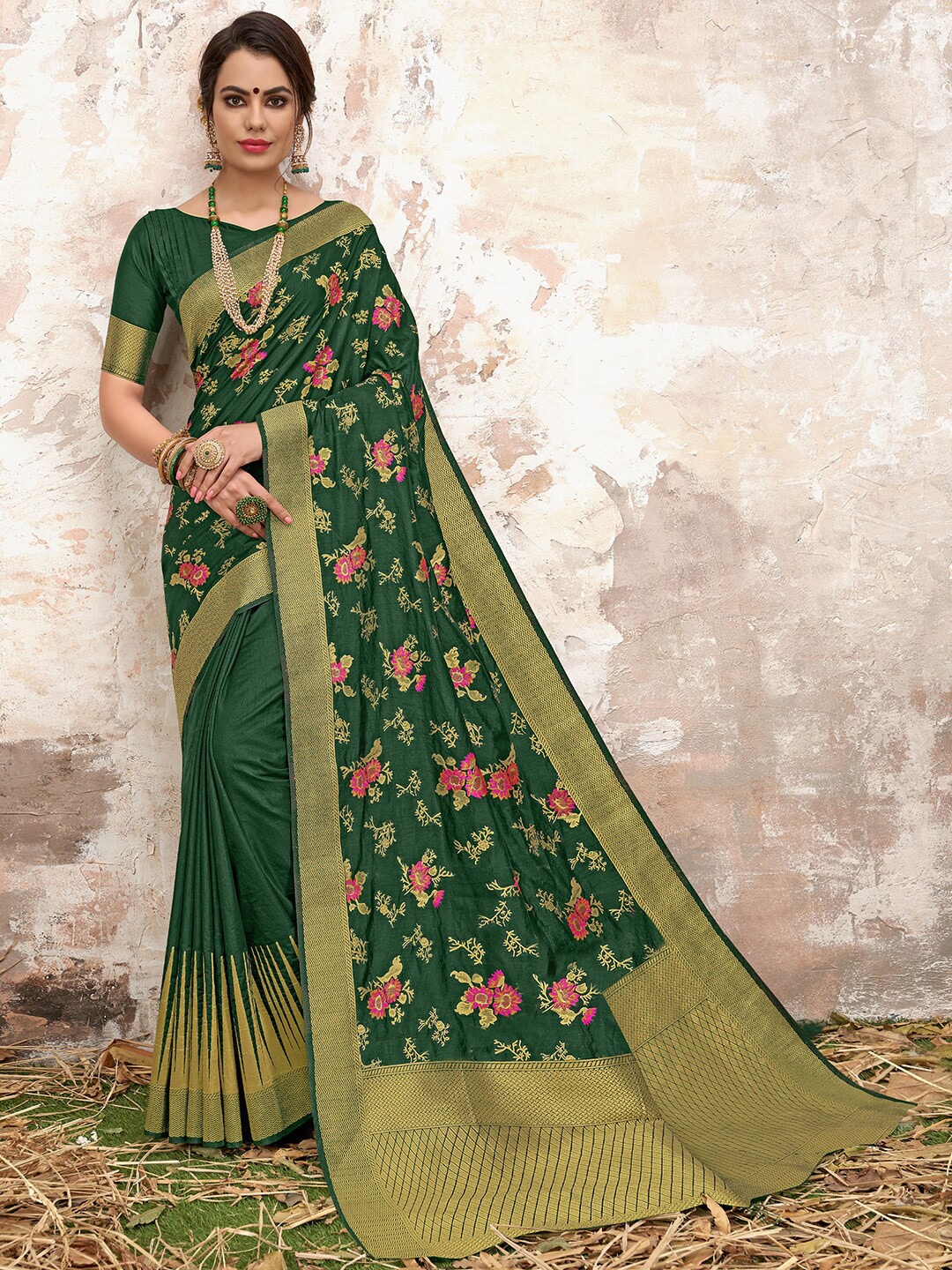 

KALINI Woven Design Floral Zari Silk Saree, Green