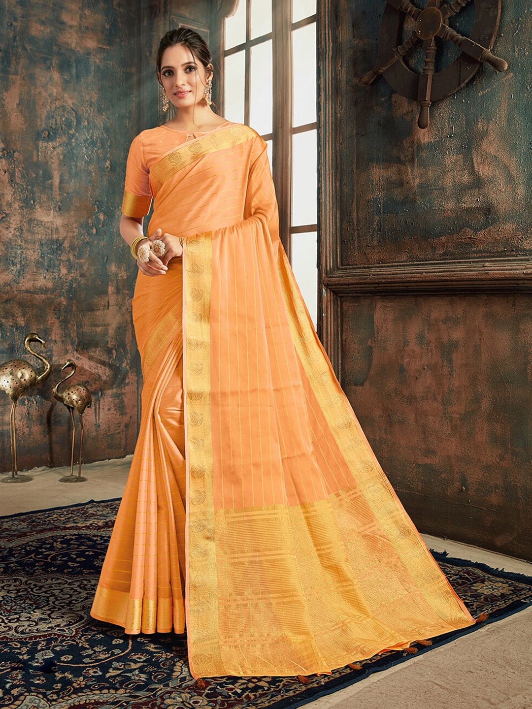 

KALINI Striped Woven Zari Saree, Peach