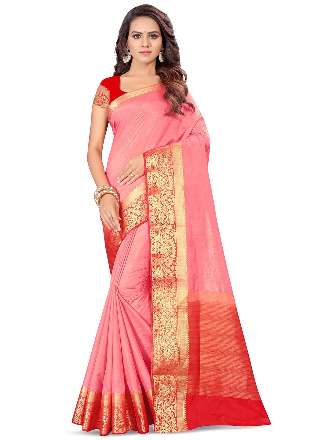 

KALINI Woven Design Zari Silk Saree, Peach