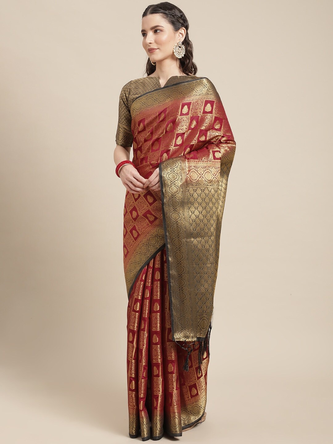 

KALINI Ethnic Motifs Woven Design Zari Saree, Magenta