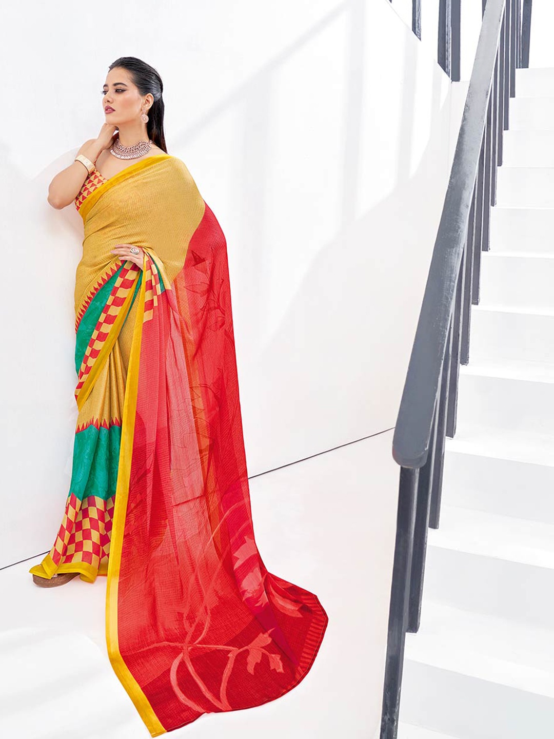 

KALINI Striped Printed Saree, Yellow