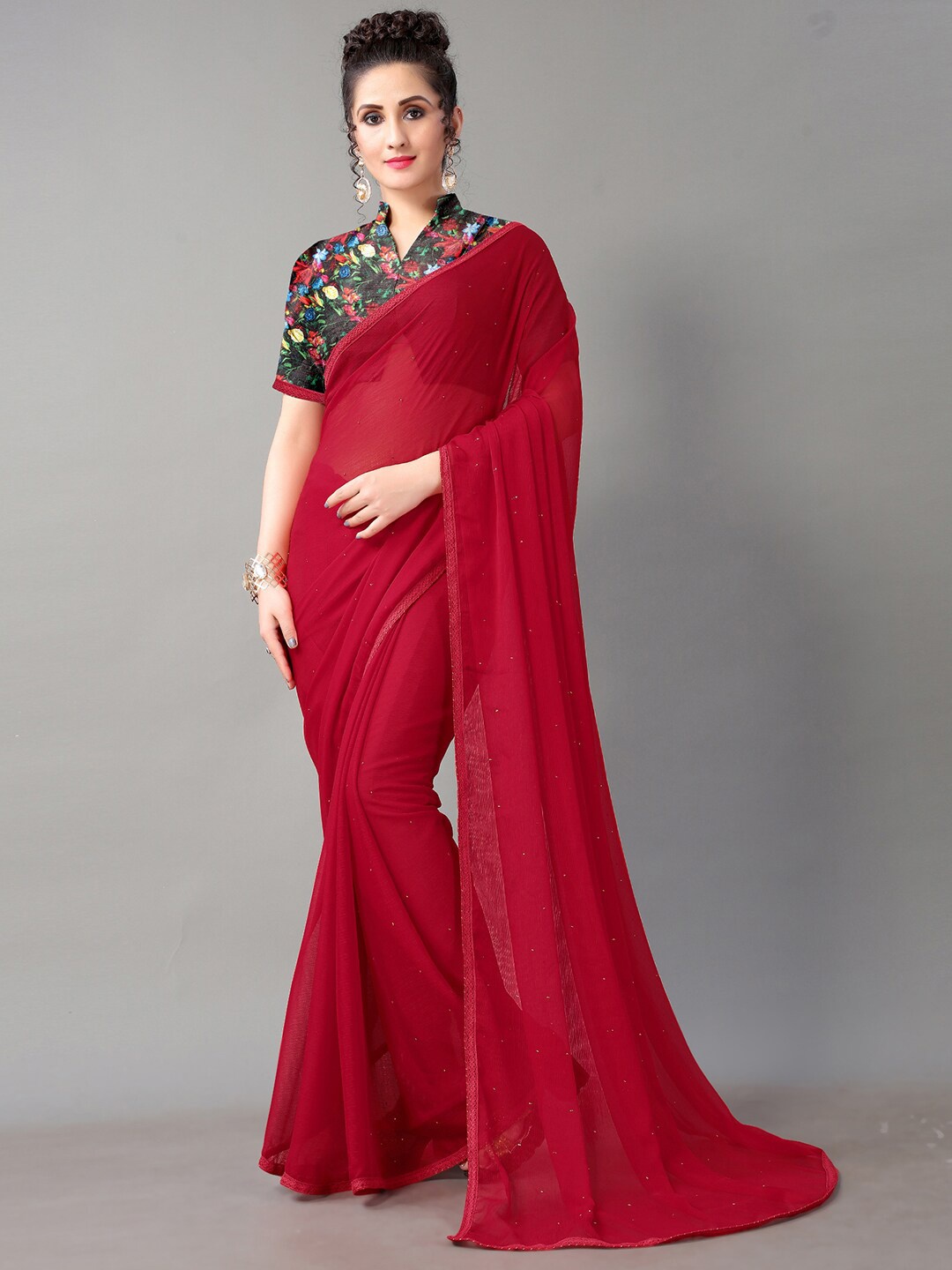 

KALINI Embellished Beads and Stones Pure Chiffon Saree, Maroon