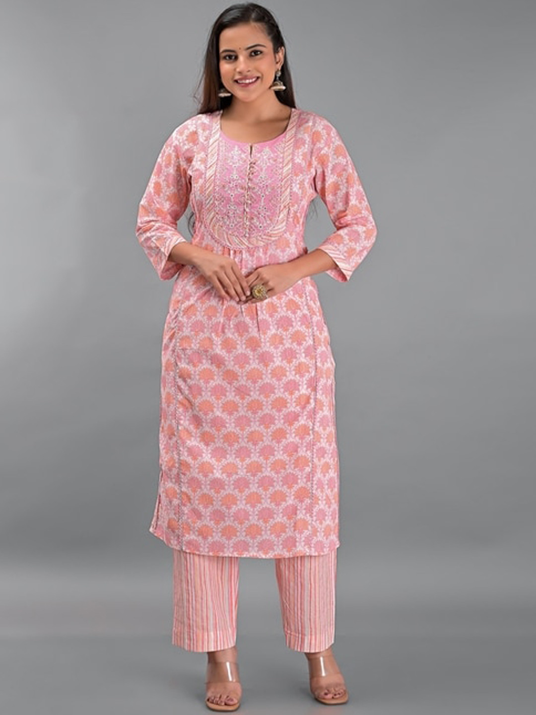 

KALINI Round Neck Floral Printed Kantha Work Pure Cotton Straight Kurta with Trouser, Peach