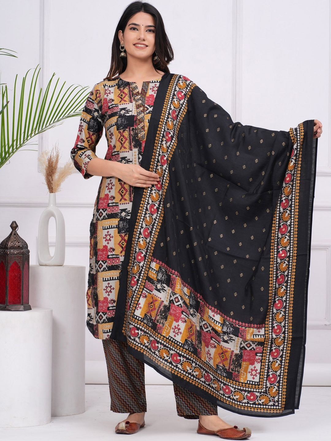 

KALINI Printed Regular Beads and Stones Pure Silk Kurta with Trousers & Dupatta, Black