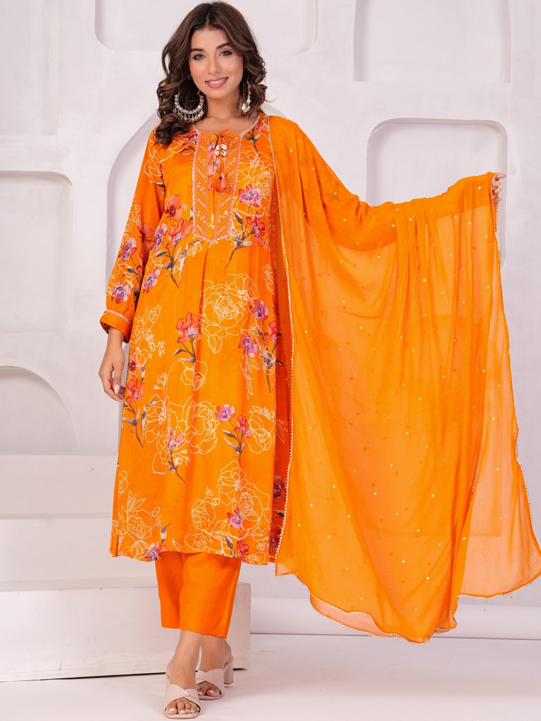 

KALINI Floral Printed Regular Beads and Stones Kurta with Trousers & Dupatta, Yellow