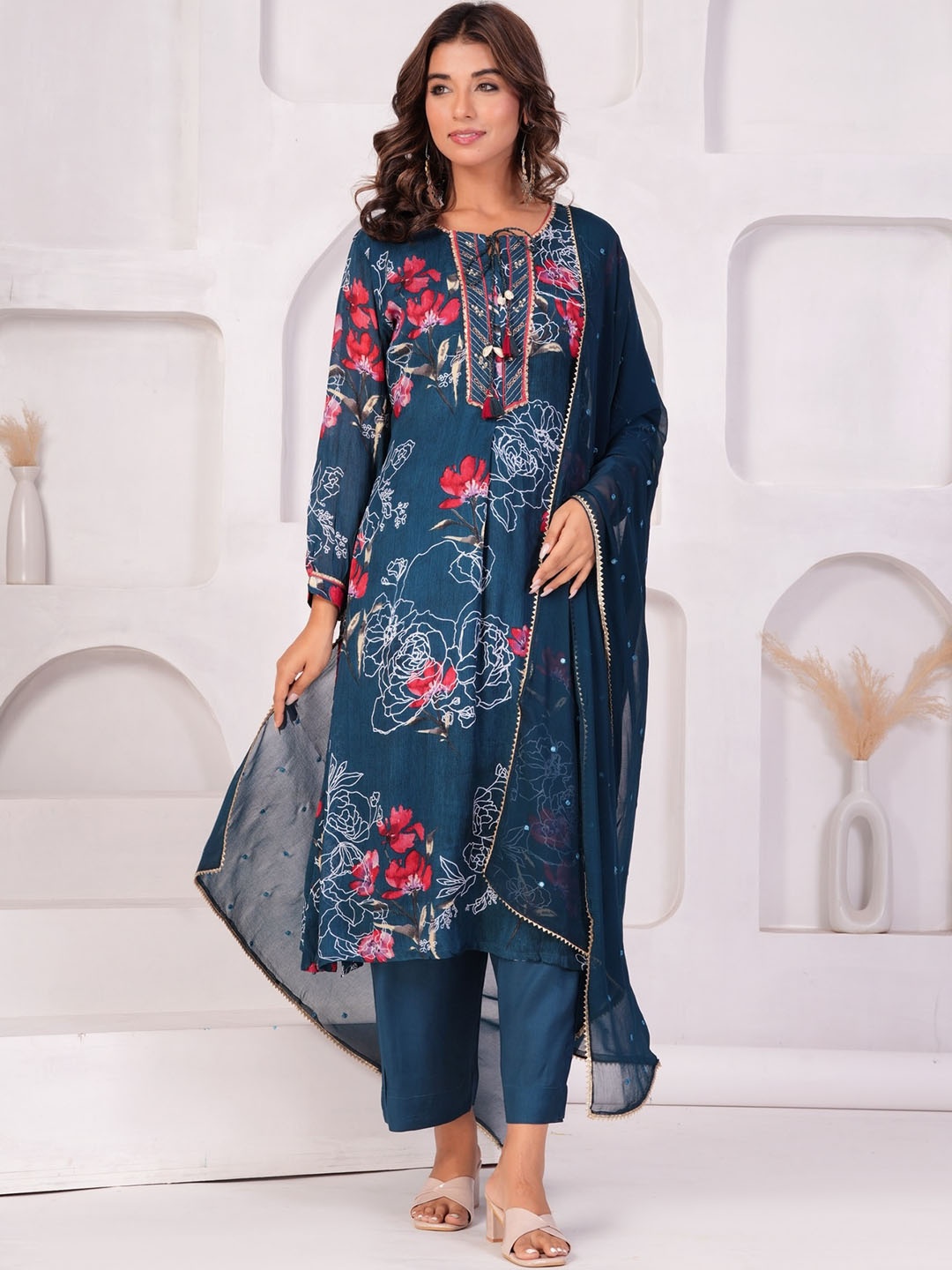 

KALINI Tie Up Neck Long Sleeves Floral Printed Straight Kurta with Trouser & Dupatta, Blue