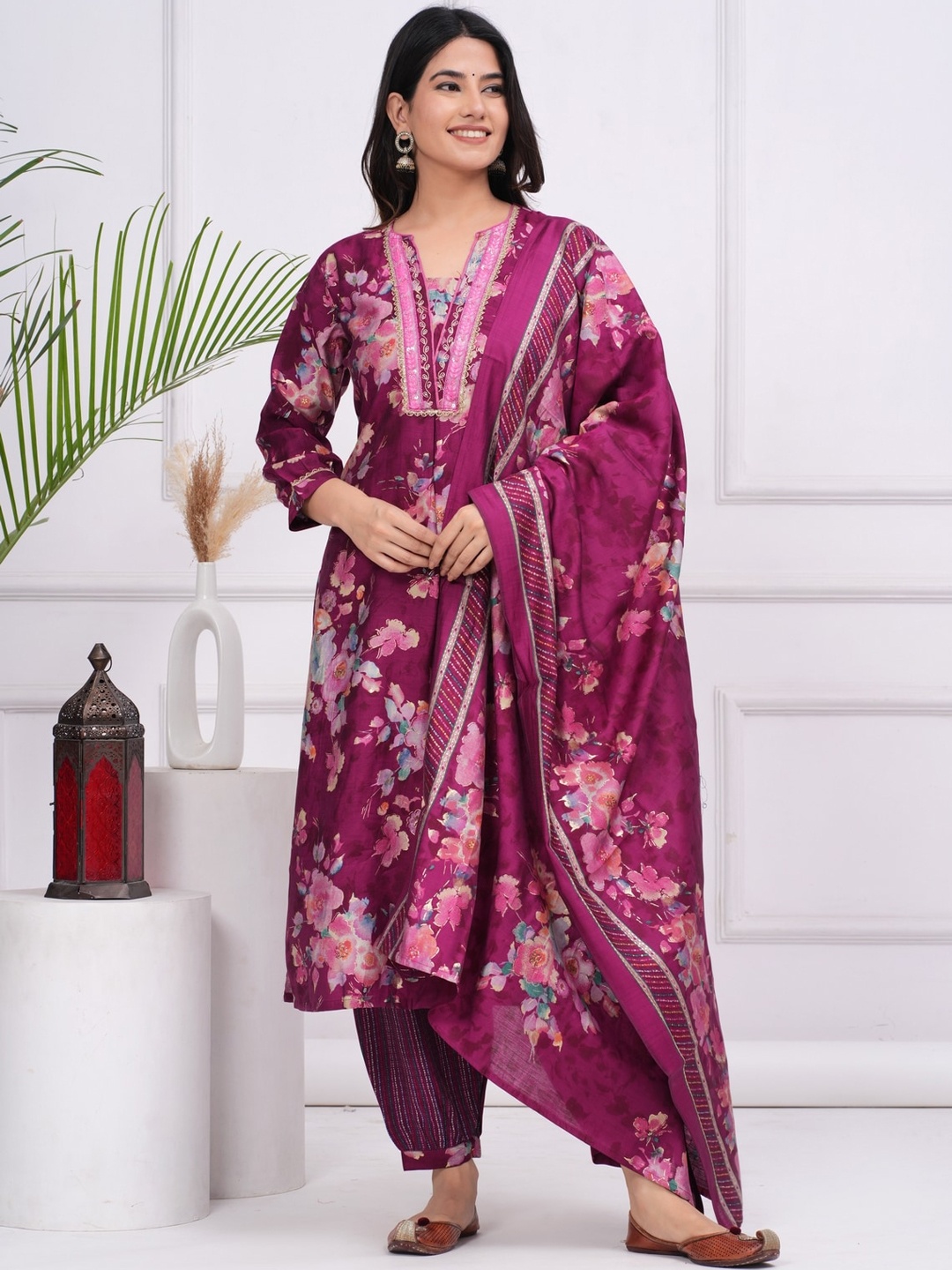 

KALINI Floral Printed Beads & Stones Pure Cotton Naira Cut Kurta With Trousers & Dupatta, Pink