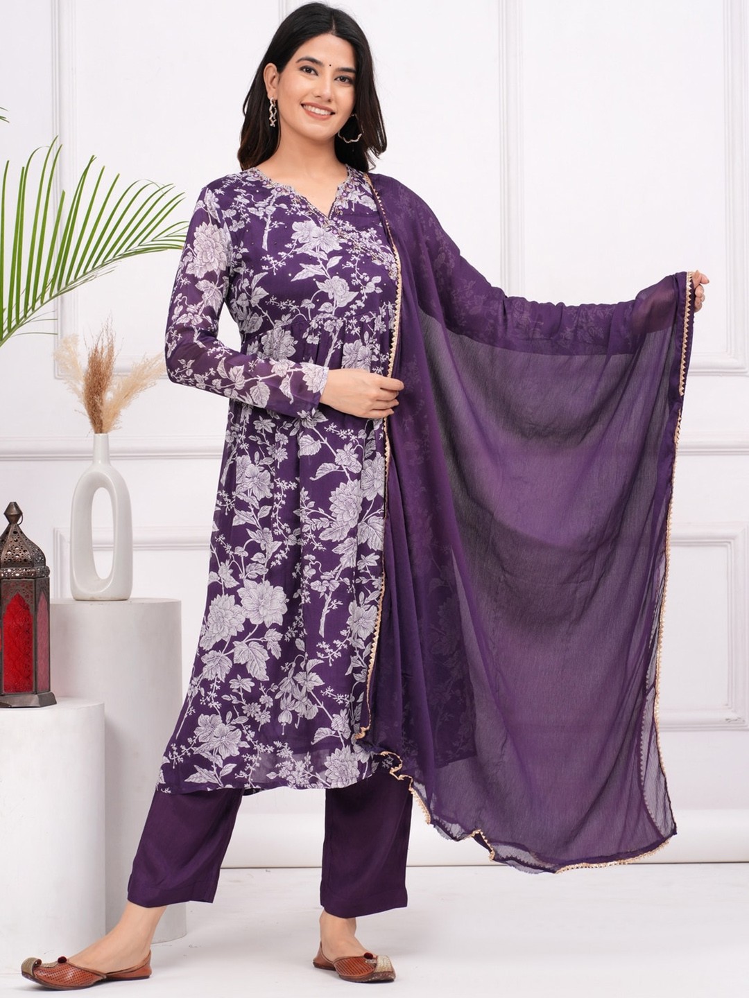 

KALINI Floral Printed V-Neck Beads and Stones Straight Kurta With Trousers & Dupatta, Purple
