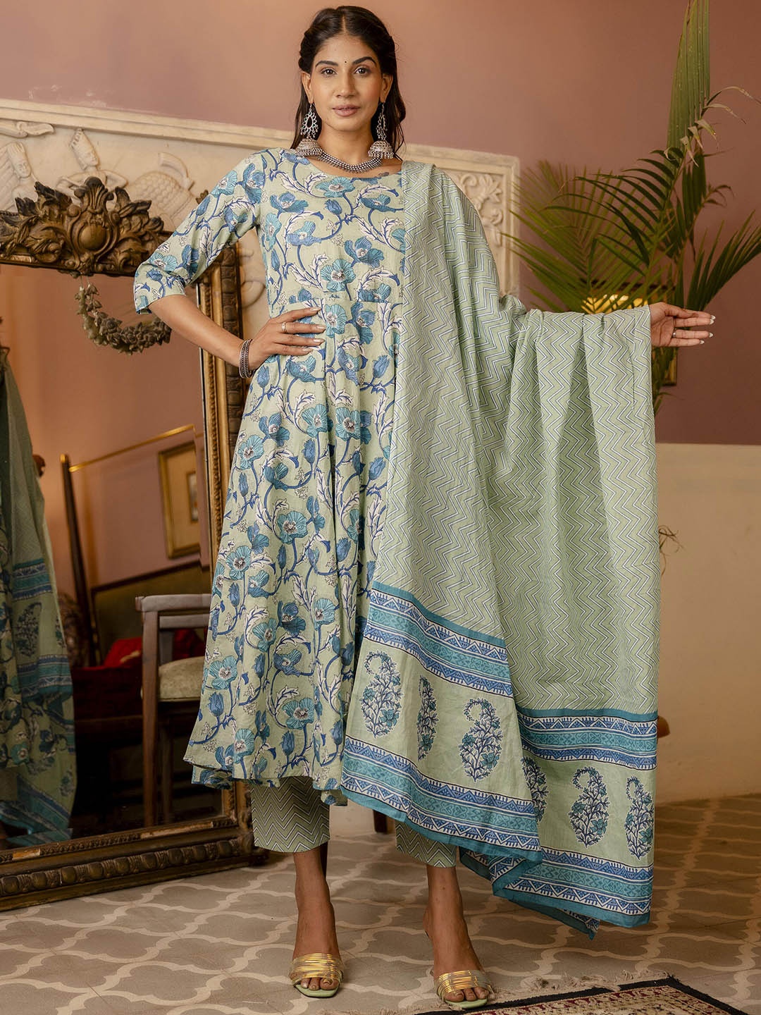 

Nayo Floral Printed Pure Cotton Straight Kurta With Trousers & Dupatta, Green