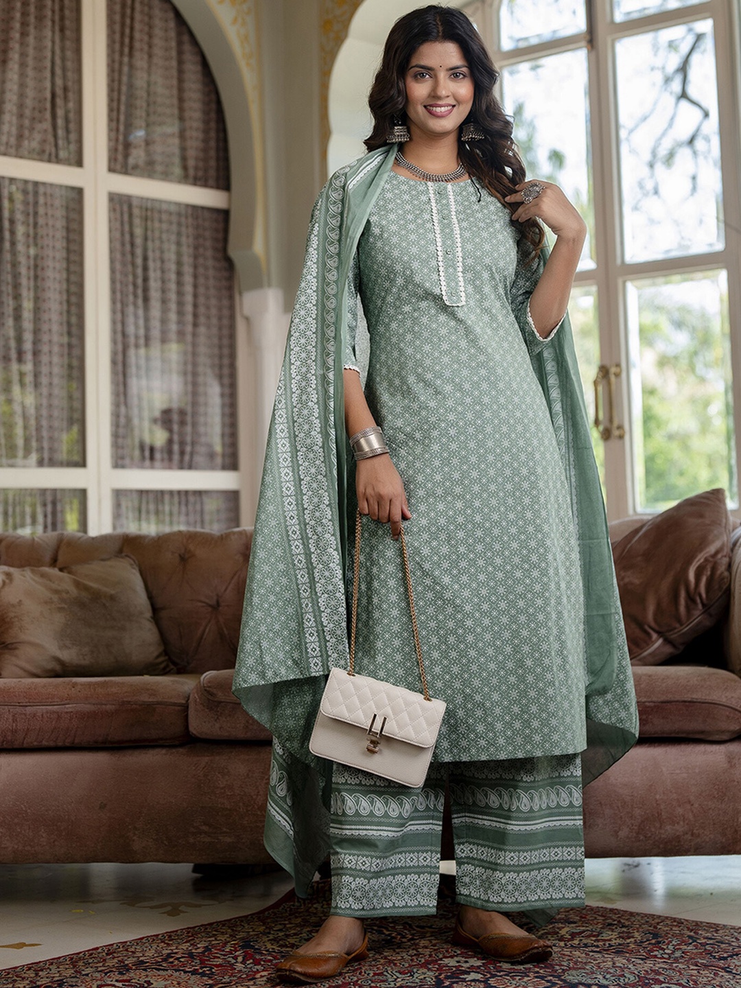 

Nayo Floral Printed Straight Pure Cotton Kurta With Palazzos & Dupatta, Green
