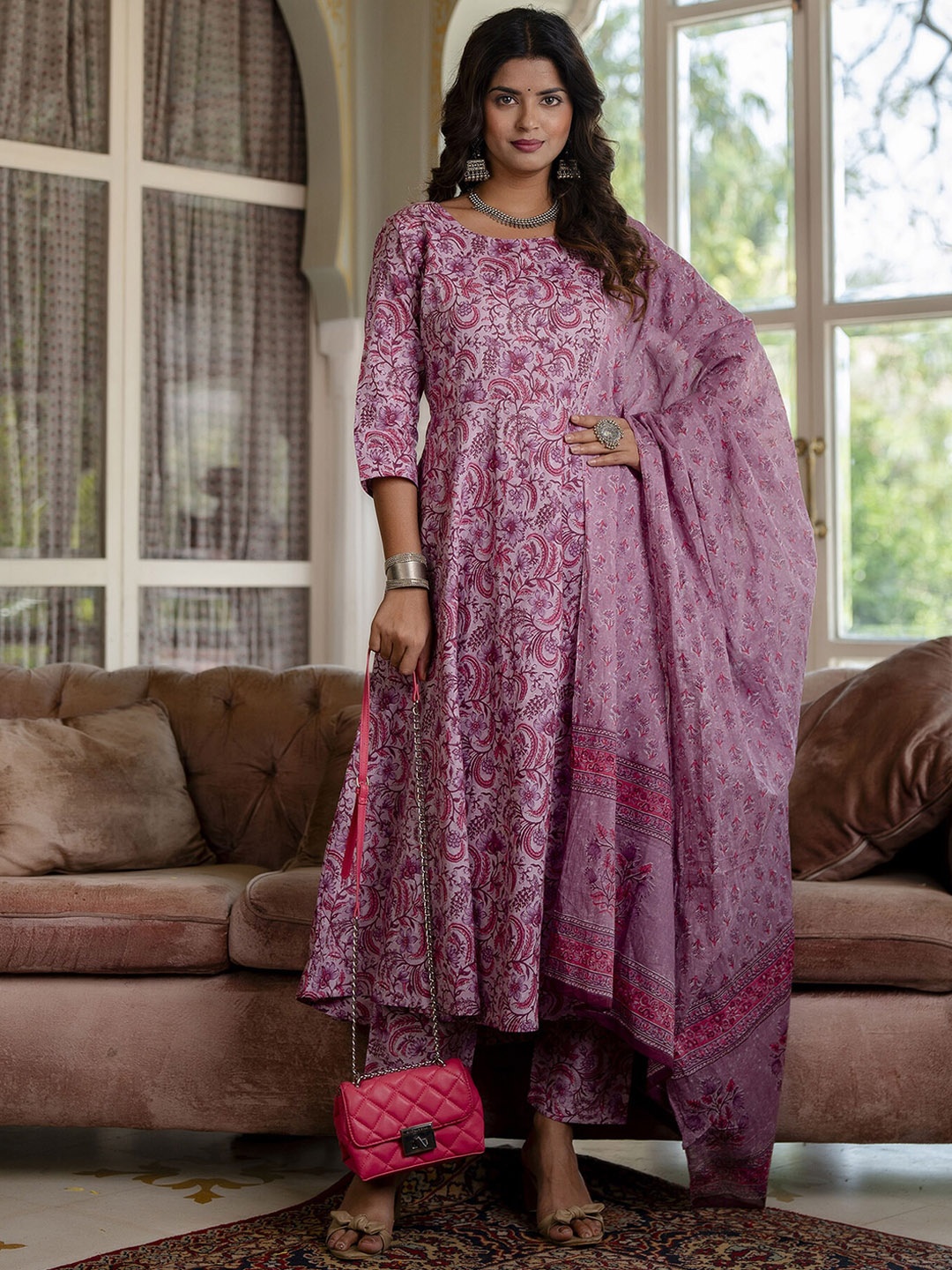 

Nayo Floral Printed Pure Cotton Anarkali Kurta With Trousers & Dupatta, Lavender