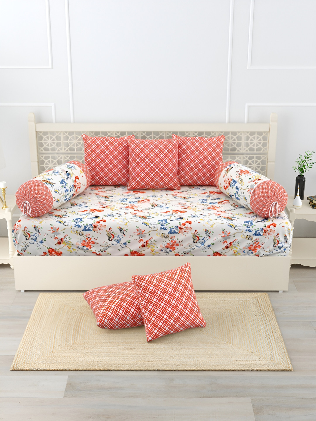 

Salona Bichona White & Peach 8 Pieces Printed 180 TC Diwan Set