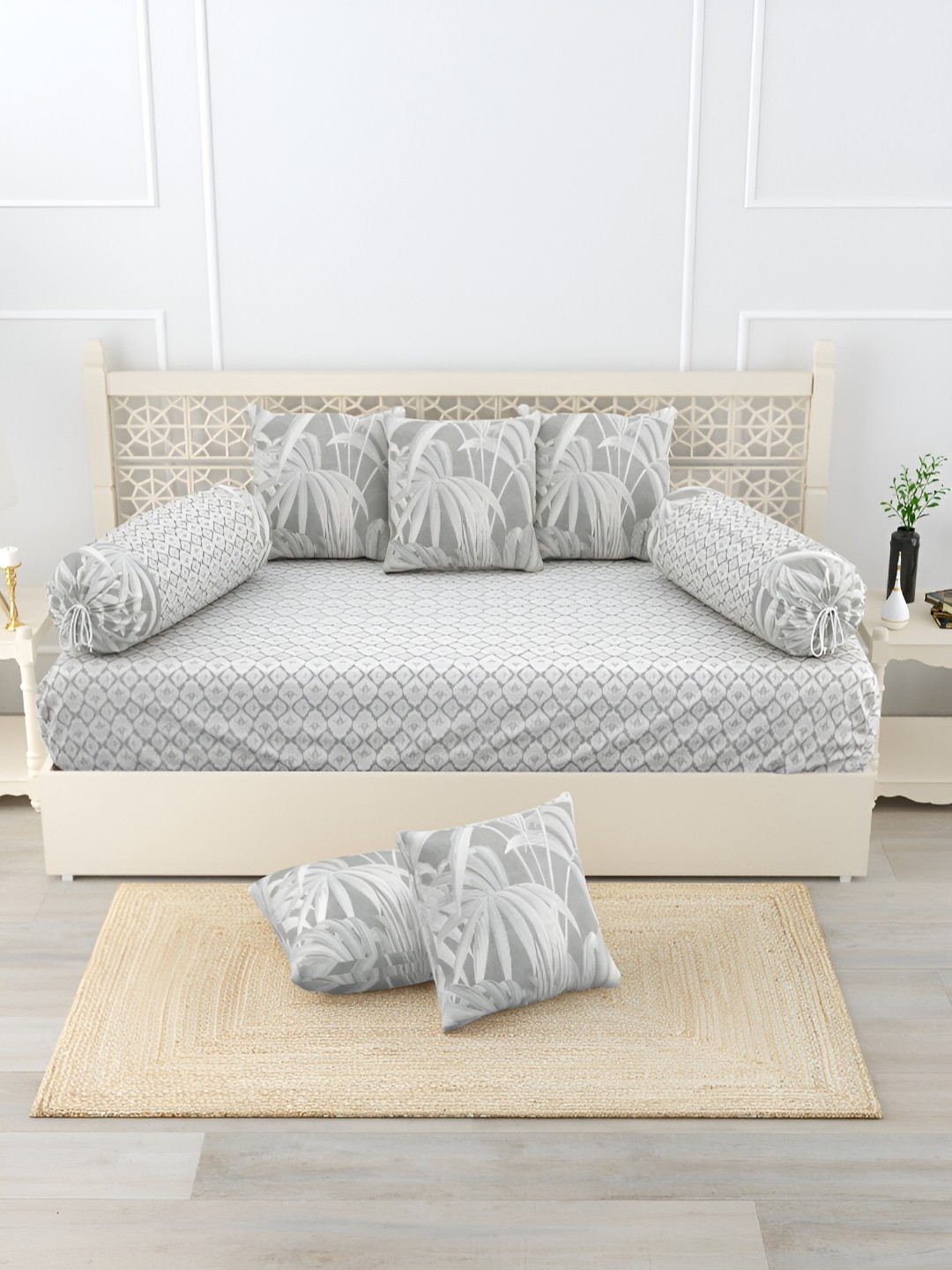 

Salona Bichona 8-Pcs Grey & White Printed 180 TC Pure Cotton Diwan Set