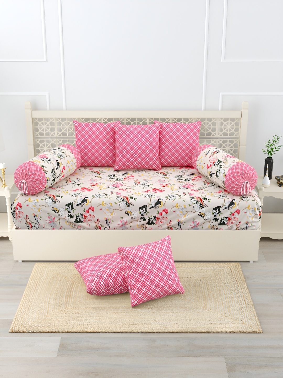 

Salona Bichona 8-Pcs Pink & White Printed 180 TC Pure Cotton Diwan Set