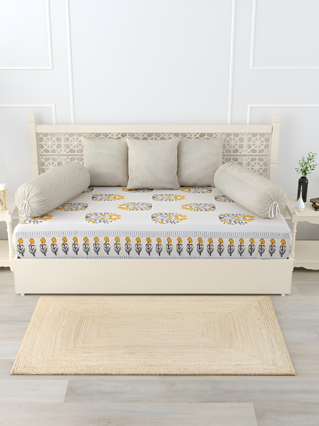 

Salona Bichona 8-Pcs Off White & Grey Printed 180 TC Pure Cotton Diwan Set