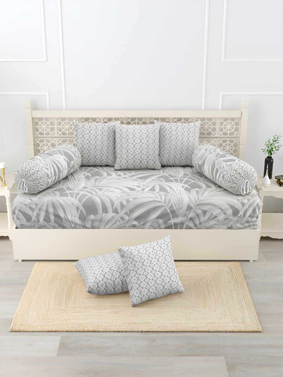 

Salona Bichona 8-Pcs Grey & White Printed 180 TC Pure Cotton Diwan Set