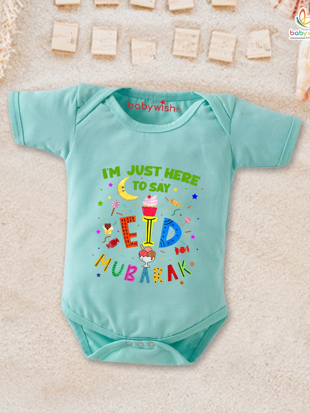 

Babywish Infants Eid Printed Cotton Rompers, Sea green